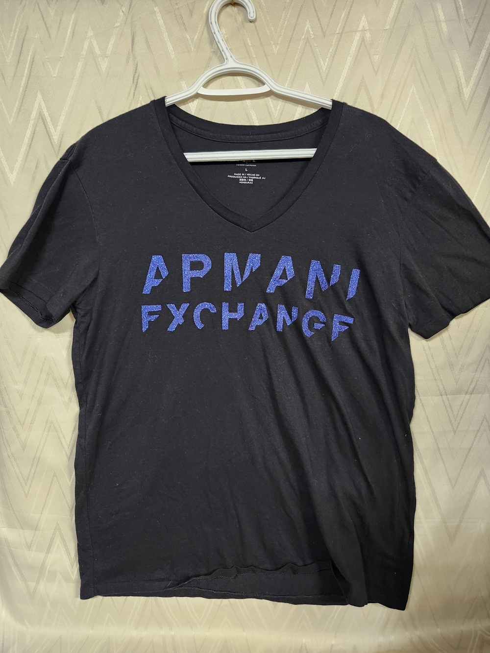 Armani Exchange Black V-Neck Tee with Blue Logo Print